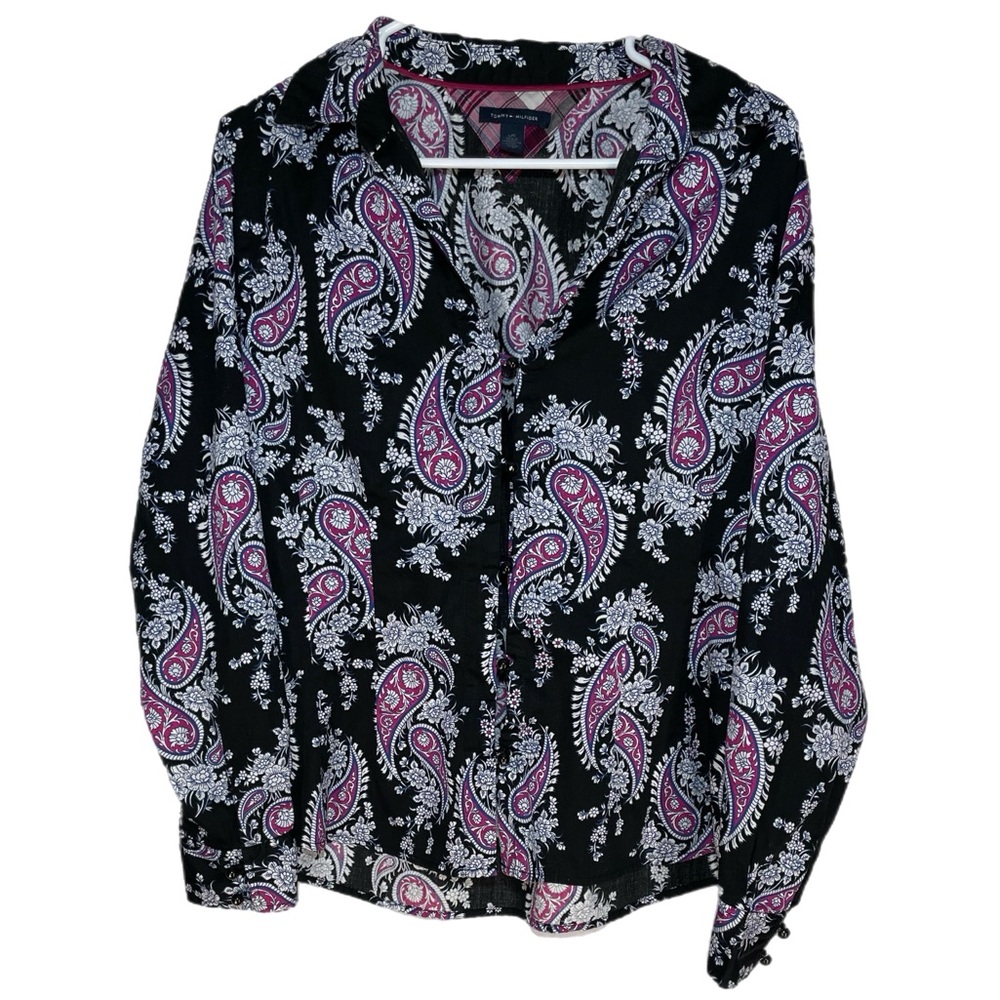 Tommy Hilfiger Black Paisley Button-Front Blouse with Pink Accents